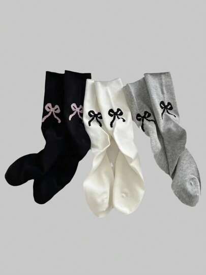 Kawaii 3pairs Bow Decor Mid-Calf Socks With Heel