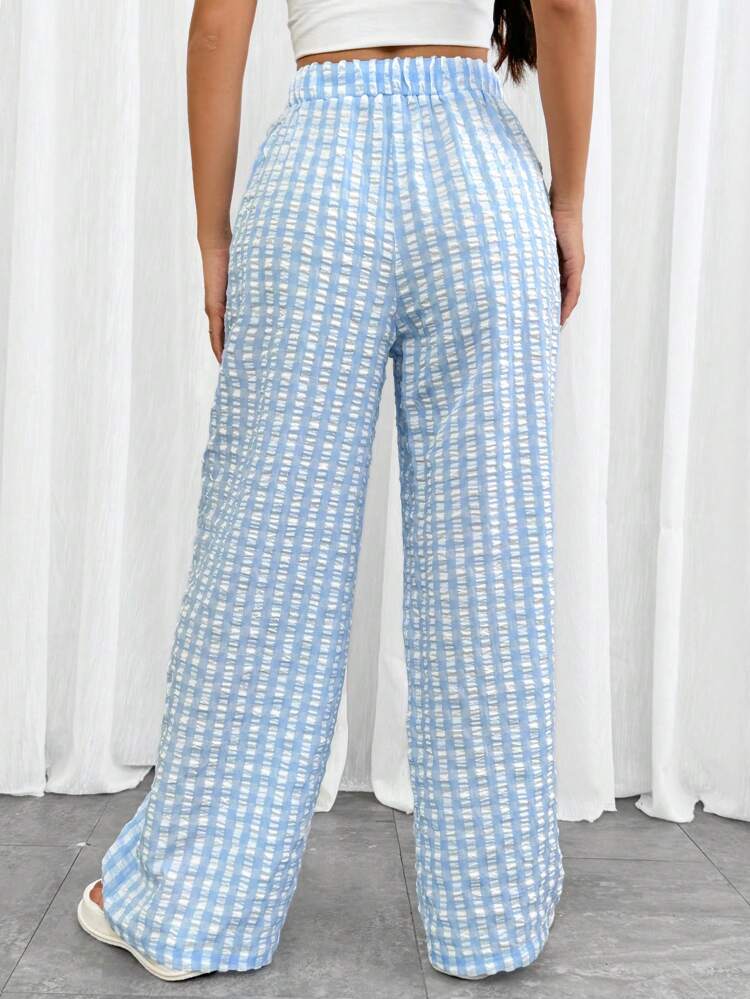 Spring/Summer Checkered Wide-Leg Pants, 2pcs/Set, Suitable For Picnic