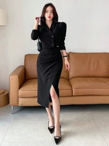 DAZY 2pcs Puff Sleeve Short Blazer And Bodycon Split Skirt Set Business Attire - Black - View 4