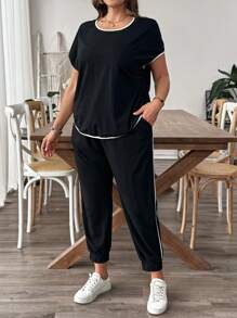 SHEIN LUNE 大码女式简约纯色圆领短袖上衣和短裤套装，适合夏季日常穿着