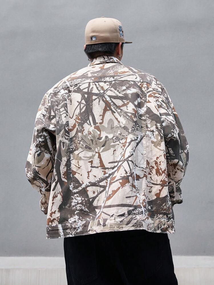 Men Spring And Autumn Graffiti Print Long Sleeve Workwear Pocket Casual Denim Jacket