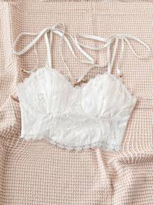 Soleia 女士度假海滩休闲夏季复活节毕业返校派对午餐可爱休闲夏季花园下午茶甜美可爱撞色蕾丝吊带背心纹理刺绣弹力细肩带抹胸白色上衣 - 白色 - 查看 3