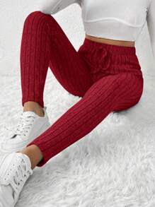 SHEIN Frenchy Tie Waist Ribbed Knit Bodycon Leggings Winter Christmas Red New Year Casual Valentine's Day - Red - View 5
