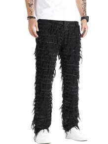 Jeans de mezclilla con adorno de flecos de moda para hombres, estilo emo, grunge - Negro - Ver 3