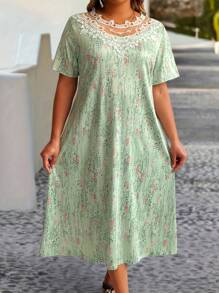 EMERY ROSE Plus Size Nữ Thời Trang In Ren Viền Váy Ngắn Tay - màu xanh lá - Xem 1