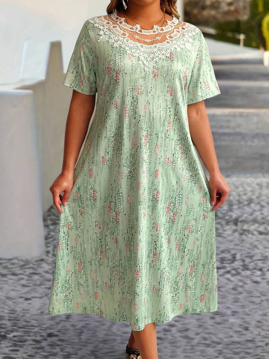 EMERY ROSE Plus Size Nữ Thời Trang In Ren Viền Váy Ngắn Tay - màu xanh lá - Xem 1