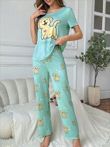 女士卡通小狗圖案圓領短袖T恤和褲子睡衣套裝 - 綠色 - 查看 4