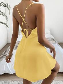 SHEIN Privé Women Summer Sexy Solid Color Draped Neck Backless Spandex Cami Dress - Yellow - View 5
