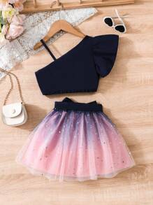 Elladie kids Young Girl Asymmetrical Neck Top & Chiffon Skirt, With Waist Belt Summer Summer Holiday - Blue - View 2