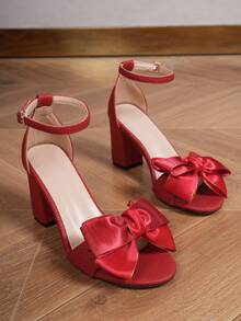 Summer White Wedding Chunky High Heel Sandals For Women - Red - View 4