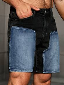 Manfinity LEGND 男士街頭風格拼布牛仔短褲，夏季休閒日常穿著 - 黑色 - 查看 3