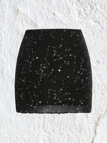 SHEIN EZwear 女士大码夏季音乐会服装，黑色紧身裙，配银色星空图案 - 黑與白 - 查看 7