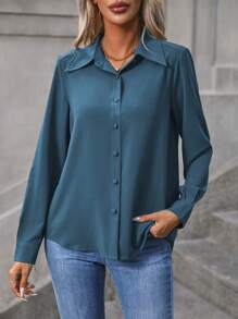 EMERY ROSE Solid Button Front Shirt,Long Sleeve Tops Fall Cloth For Women - Dusty Blue - View 5