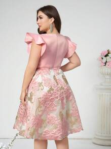 SHEIN Belle Plus Size Elegant Pink Satin & Jacquard Fabric Patchwork Cap Sleeve Dress With U-Neck For Cocktail Party Prom Semi Formal Wedding Guest Dress, For Birthday, Graduation, Dinner, Homecoming