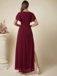 SHEIN Belle 勃艮第红色纯色褶皱腰带高开叉超长伴娘礼服，半正式礼服 - 酒紅色 - 查看 2