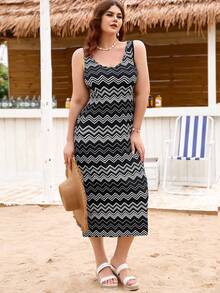 Dreamara 黑白幾何印花細肩帶V領大碼連衣裙 - 黑與白 - 查看 2