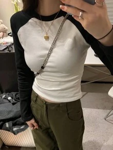 SHEIN EZwear 女士春夏時裝顏色拼接圓領套袖休閒T恤 - 彩色 - 查看 3