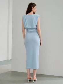 MOTF STUDIO VÁY CÓ KẾT CẤU RẮN Nếp gấp VAI ĐỆM EO CHẮC CHẮN - Màu xanh lam - Xem 3