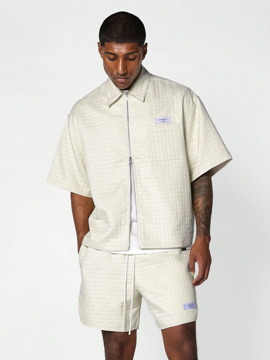SUMWON Boxy Fit Zip Through Shirt With Short 2 Piece Set - Beige - View 1