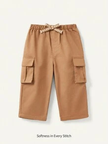 Cozy Pixies Baby Boy Casual Decorative Woven Belt Side Pockets Solid Color Cargo Pants - Camel - View 7
