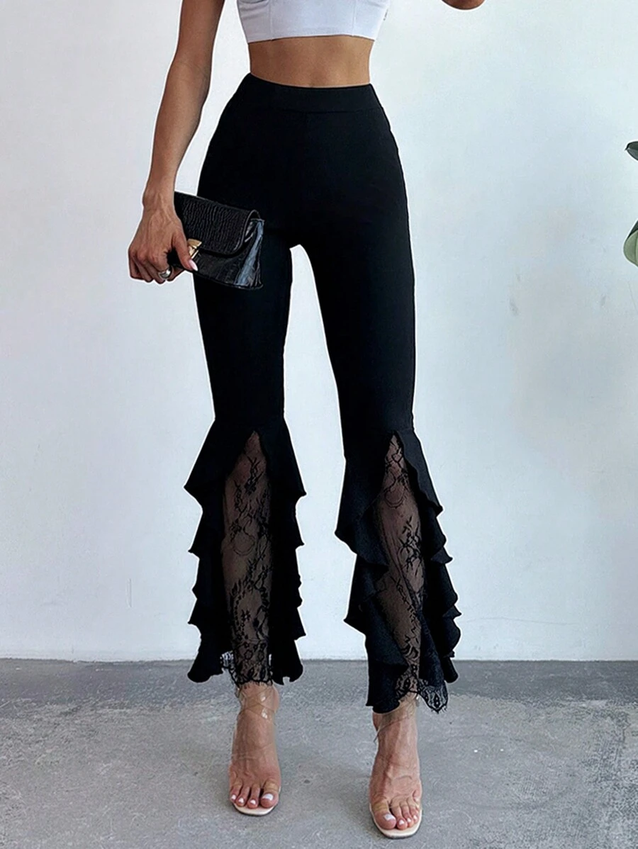 Firerie Women Lace Ruffle Trim Slim Elegant Graduation Party Pants