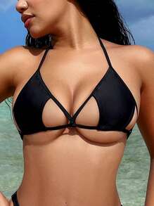 Swim SXY Women Halter Neck Bikini Set For Vacation, Sexy Style, No Padding, Two-Piece Solid Color,Summer Beach - Black - View 8