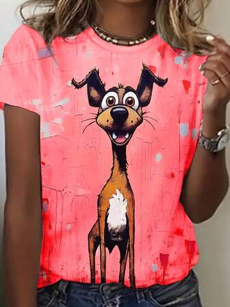 2025 ny design för kvinnor Casual tecknad hundtryck med rund hals, kortärmad T-shirt, sommar