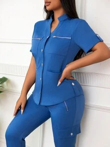 女式V領護士制服，純色外科服套裝，帶拉鍊 - 淺藍色 - 查看 3