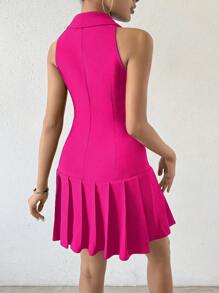 RosyDaze Women Summer Solid Color V-Neck Sleeveless Double-Breasted Elegant Dress With Pleated Hem