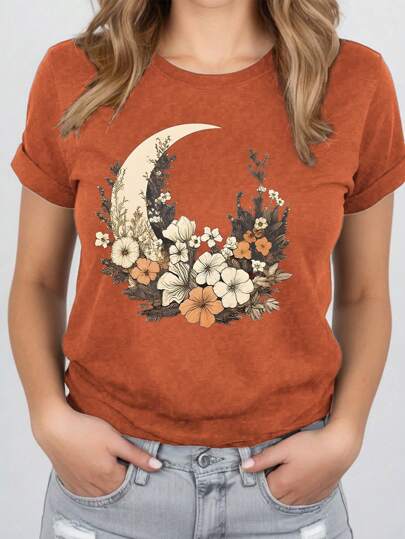 INAWLY Women Summer Moon And Flower Pattern Short Sleeve T-Shirt, Casual Graphic Tees Women Tops