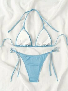 SHEIN Swim 女士純色肩帶比基尼套裝，適合日常穿著，夏季沙灘 - 藍色 - 查看 2