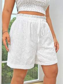 SHEIN EZwear Women's Plus Size White Shorts With Embroidery, Elastic Waistband, Bow Tie Belt, Loose Fit, Wide Leg Design, Made Of Woven Fabric With Small Holes And Ruffle Hem For Summer