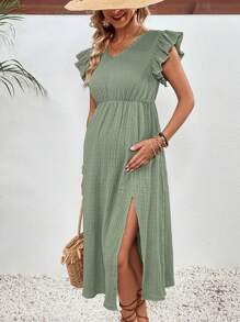 SHEIN Maternity Vacation Casual Solid Color Ruffle Edge High Waist Split Dress
