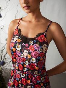 Frida Kahlo X SHEIN Contrast Lace Figure & Floral Printed Women Cami Romper - Multicolor - View 5