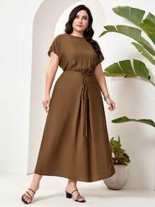 Seusyu Plus Size Summer Casual Solid Color Batwing Sleeve Criss-Cross Tie Waist Long Dress - Brown - View 8