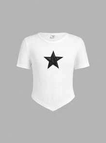 SHEIN Girlism Cô gái Tween Mát mẻ Phong cách đường phố Đan In Sao Vòng cổ Áo Và Dây rút Quần Chạy bộ - Đen và trắng - Xem 6