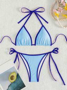 SHEIN Swim Damen Farbblock Halter Binden Sexy Bikini Set für Urlaub Sommer