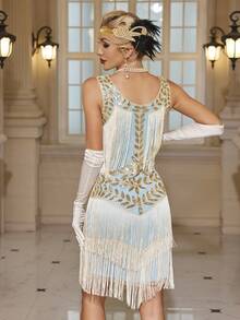 1920s Vintage Sequined Embroidered Tassel Formal Cocktail Dress Elegant Semi Formal Wedding Guest Dress, For Birthday, Graduation, Dinner, Homecoming,Party Dress