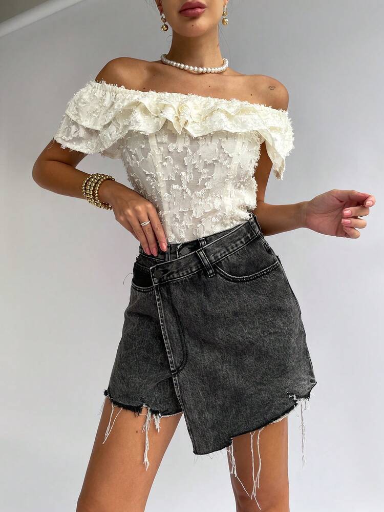 Women Off Shoulder Multi-Layered Ruffle Trim Textured Fabric Elegant Blouse