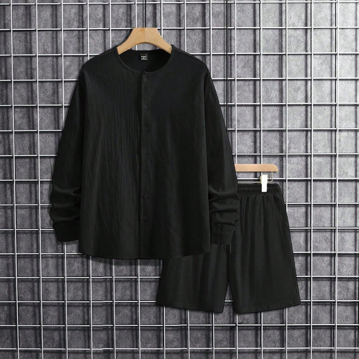 Conjunto casual de hombre de camisa de manga larga de cuello redondo de algodón de unicolor y pantalones cortos con bolsillo, conjunto de 2 piezas de