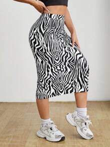 SHEIN PETITE 女士高腰抽绳斑马条纹侧开衩紧身半身裙夏季 - 黑色 - 查看 6