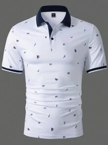 Manfinity Homme 男士海鷗印花半身扣短袖 Polo 衫夏季休閒度假沙灘 Polo 衫老公 - 白色 - 查看 4