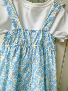 SHEIN Fetă tânără tricotată uni cu gât rotund cu mâneci bufante și costum rochie cu bretele florale țesute