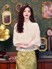 新中式女式立領上衣，重繡花紋設計與禪風鈕扣，復古感十足 - 米色 - 查看 6