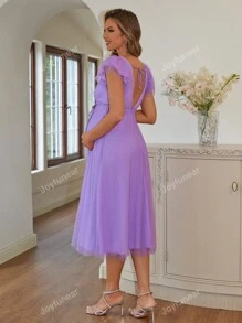 Joyfunear Maternity V-Neck Ruffle Sleeve Solid Dress