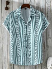 Manfinity Homme Men Color-Block Striped Short Sleeve Shirt For Summer - Green - View 3