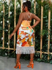 Maweii Plus Size Nữ Kỳ nghỉ hè In hoa Chắp vá Viền Viền Slim Fit Nàng tiên cá Váy Cami - trái cam - Xem 2