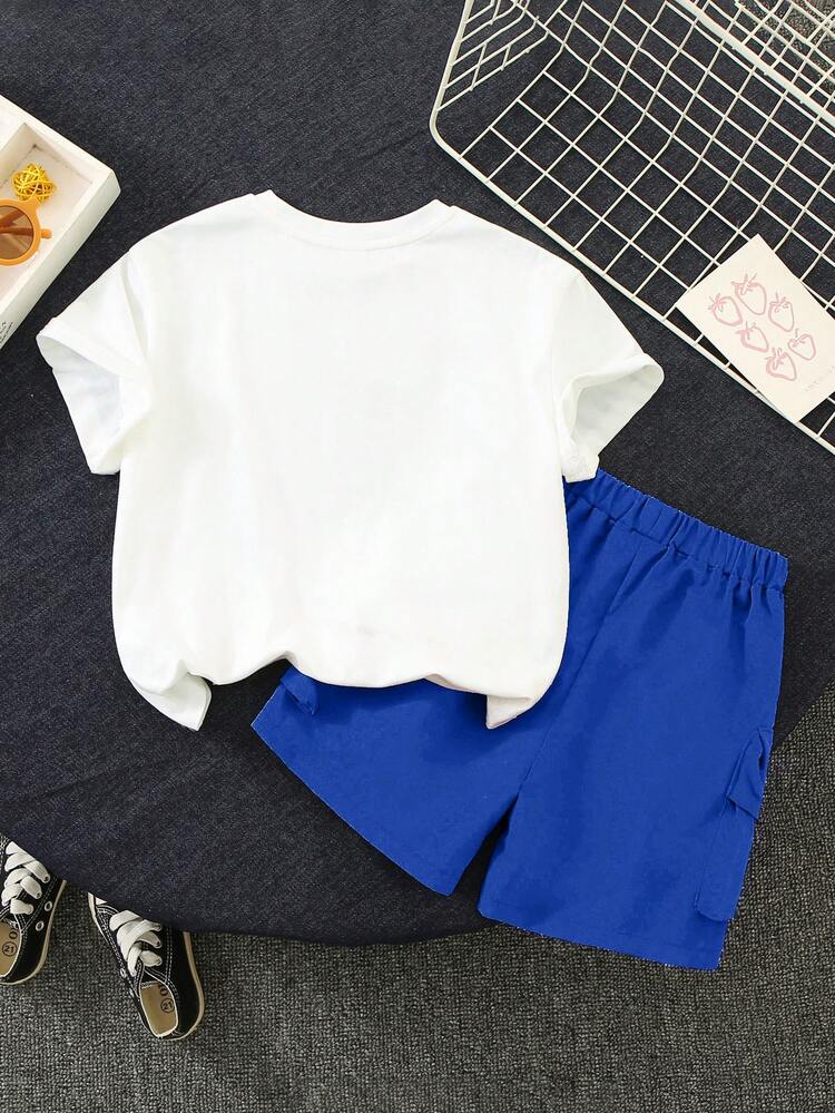 2pcs Young Boys Cute Hotdog Breakfast Food Letter Print Drop Shoulder Short Sleeve T-Shirt And Cargo Pocket Shorts Set For Summer