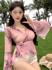DAZY 女性透視網紗印花波浪袖交疊打結側邊上衣 - 粉色 - 查看 7