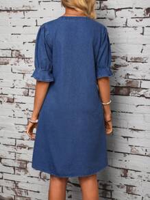 SHEIN LUNE Women Fashionable V-Neck Bubble Sleeve Denim Dress - Medium Wash - View 2